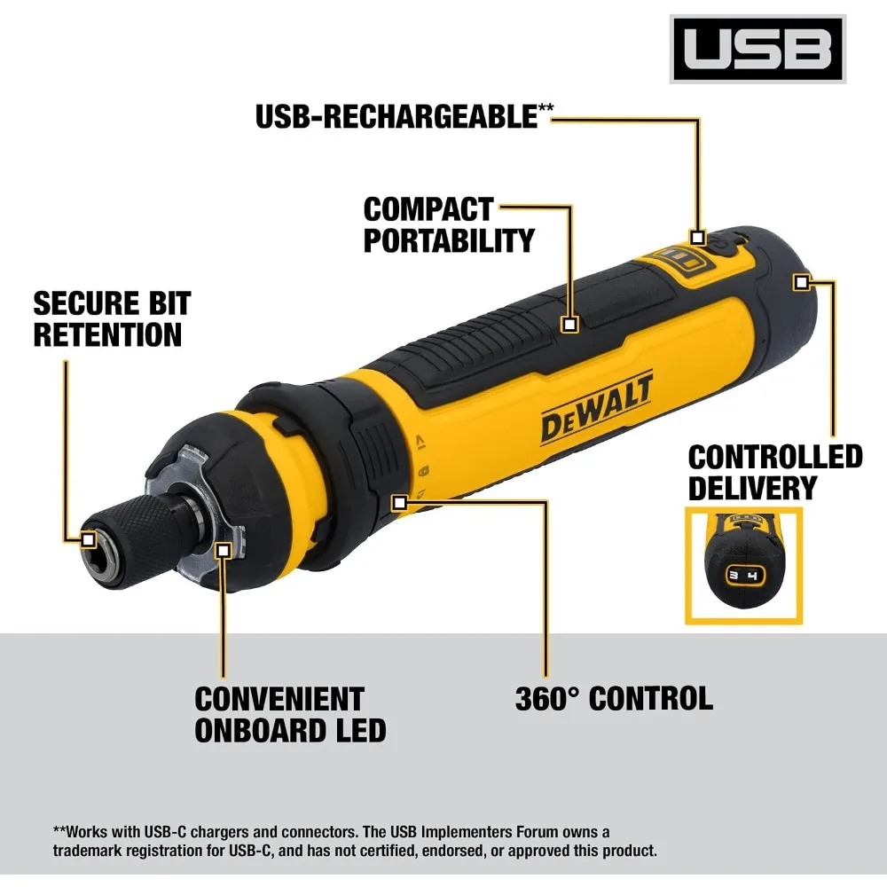 DEWALT Cordless Screwdriver, 4V USB Rechargeable Electric Screwdriver with 12 pcs Screwdriver Bit Set, LED Light,(DWHT66719)