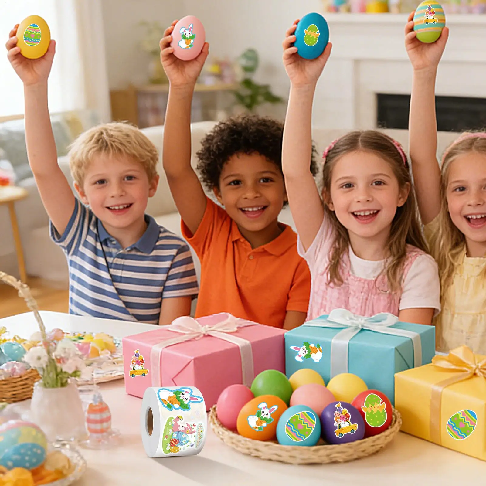 Easter Sticker Roll 500 Pieces Bunny Egg Decals 8 Designs Waterproof Easter Egg Stickers Roll For Envelope Card Notebook