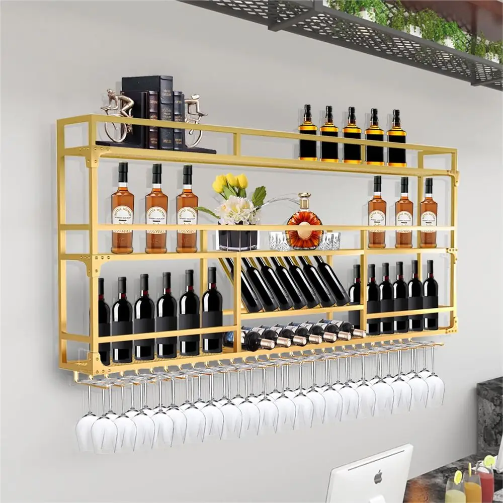 

3-Tier Wall-Mounted Wine Rack with LED Lights, Heavy Duty Metal Bottle Display and Hanging Rack, 59x10x35.5IN Storage Organizer
