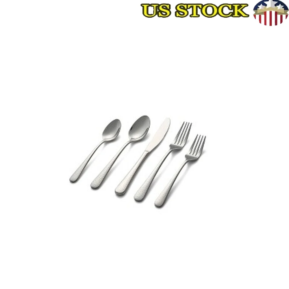 

20pc Hammered Mirror Flatware Set Stainless Steel Service 4 Kitchen Dining Cutlery Dishwasher Safe Durable Everyday Use