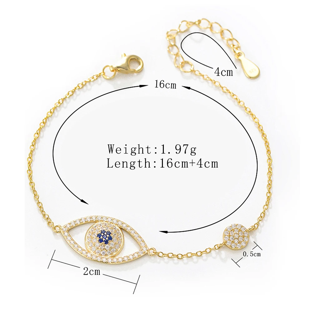 925 Sterling Silver Micro Pave CZ Evil Eye Charm Adjustable Cable Chain Bracelet Women Lucky Protection Stacking Wrist Jewelry