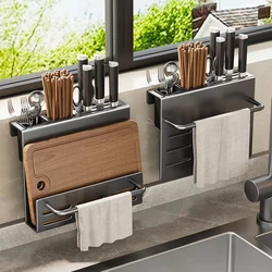 Multi-functional Wall-mounted Rack Knife Cutting Board Rag Storage All-in-one Support Cutlery Tube Kitchen Supplies