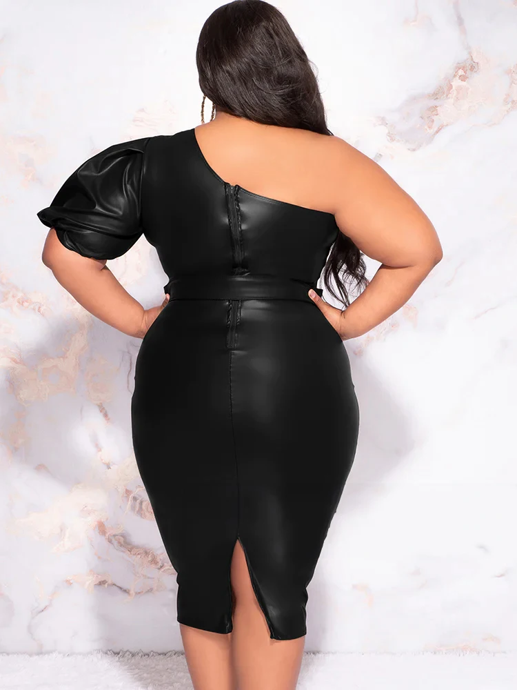 Plus Size donna abito in pelle opaca a una manica 9XL Stretch PU senza spalline abito longuette con orlo posteriore Split 6XL Ladies Bodycon Dress