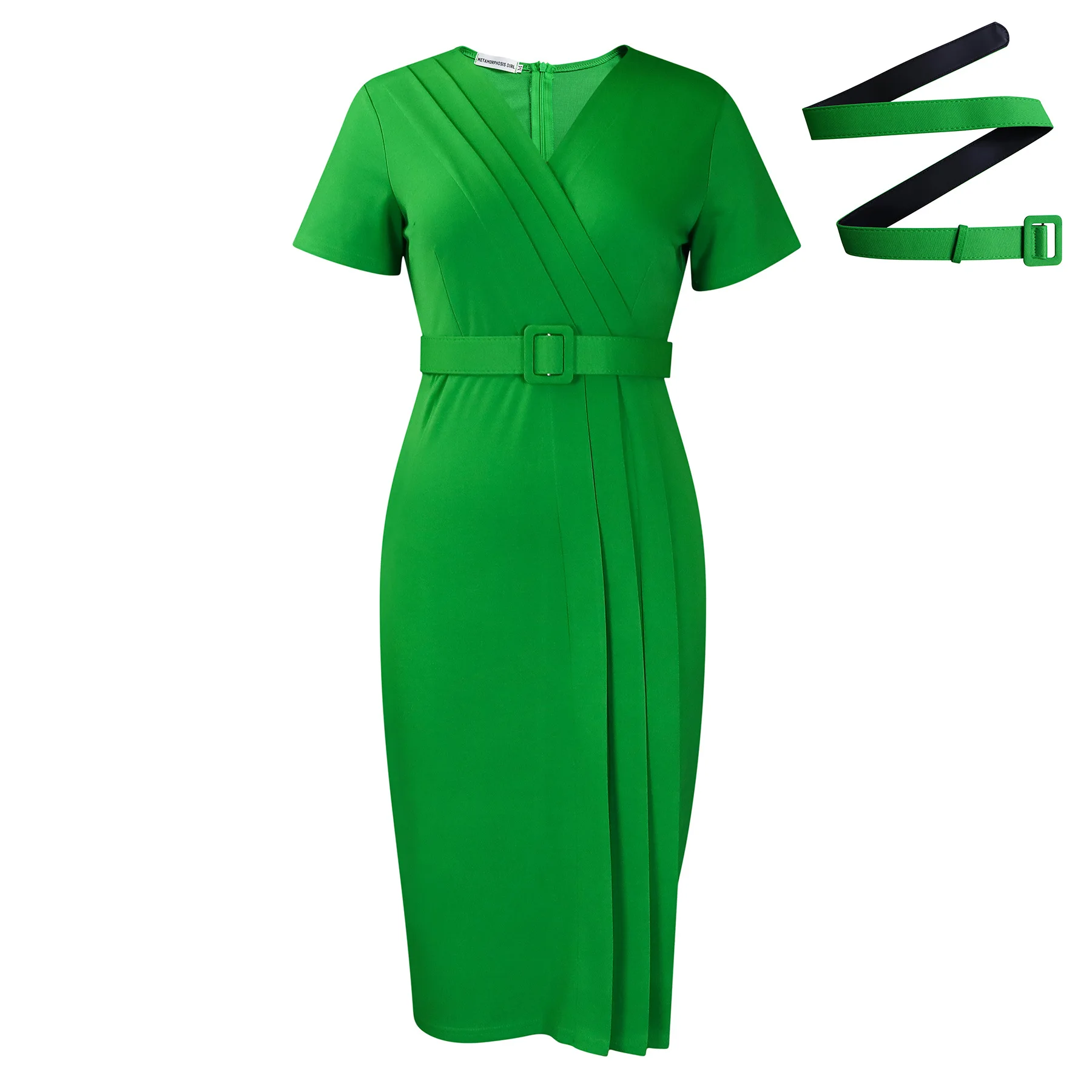 Women Elegant Bodycon Dress Short Sleeves Wrap V Neck Modest Waist Belt Church Dress Outfits Female Summer African Classy Gowns