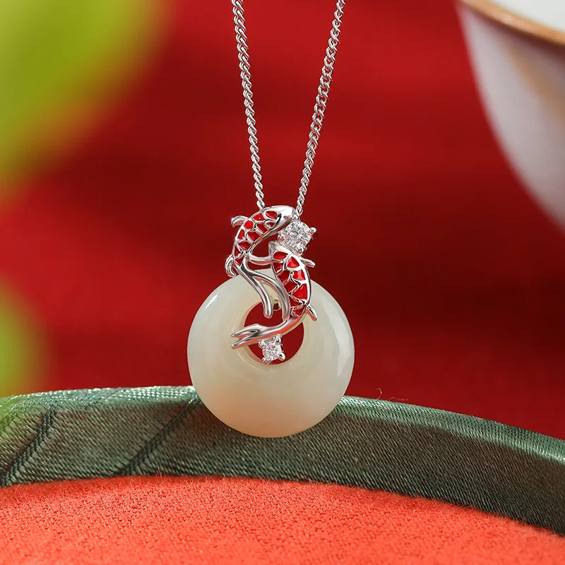 S925 And Hetian Jade New-Style Carp Peace Pendant , Good Luck Koi Silver Necklace