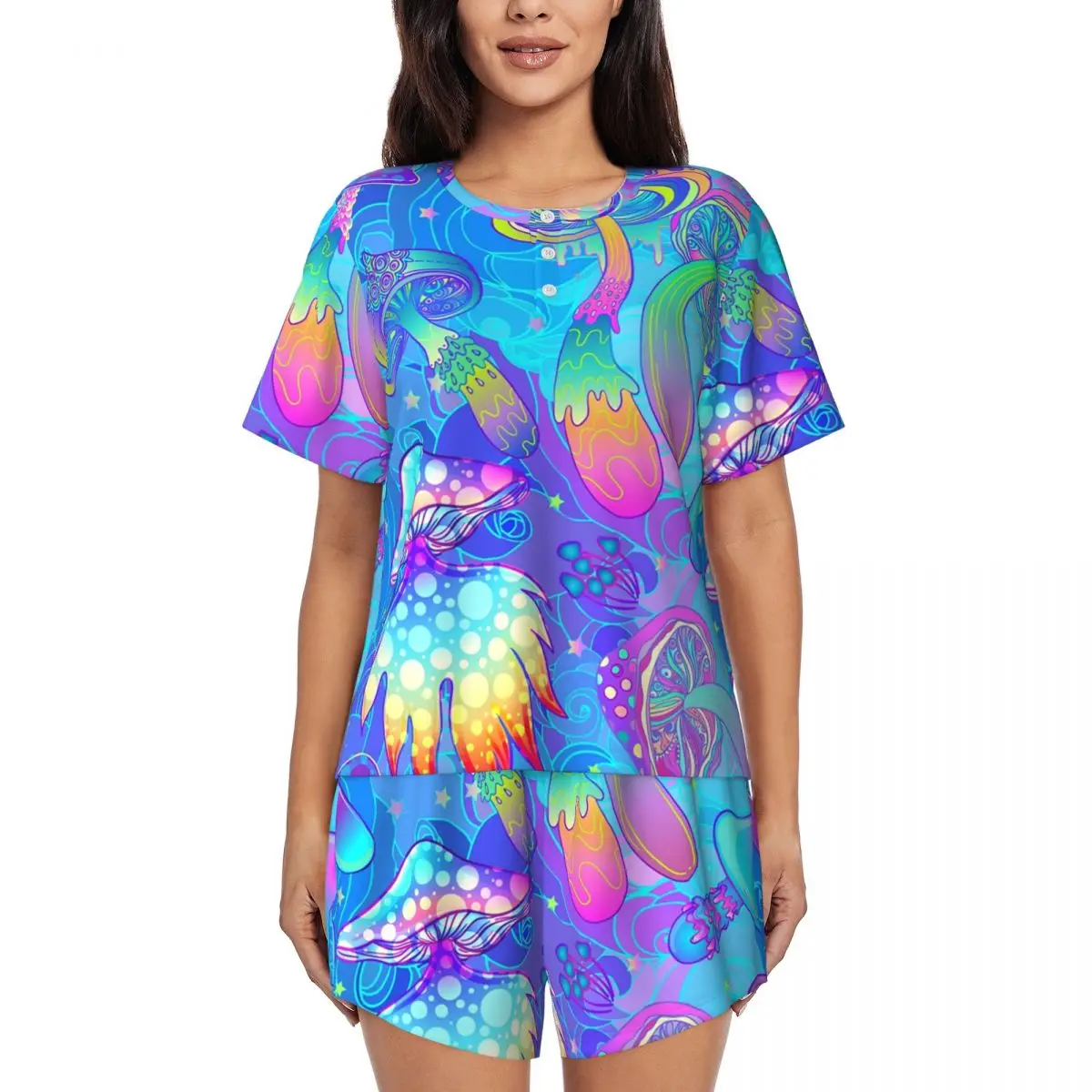 Custom Magic Mushroom Psychedelic Pajama Sets Women 2 Piece Boho Short Sleeve Pjs Shorts Sleepwear