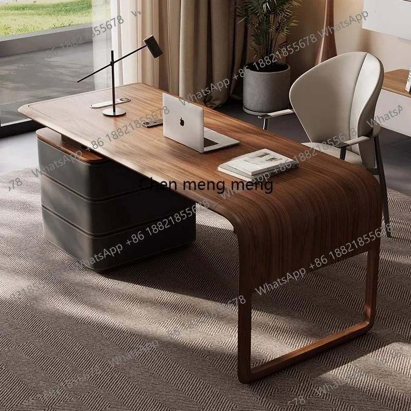 

Italian light luxury designer desk study home premium walnut color saddle leather desk