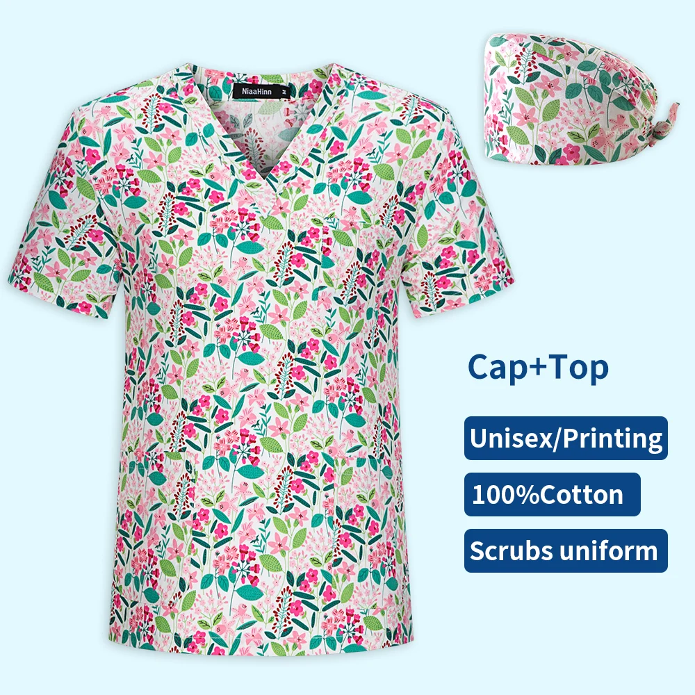 Cartoon Print Vrouwen Scrubs Uniform Chirurgische Top Ziekenhuis Arts Chirurgie Werkkleding Tandheelkundige Kliniek Kostuum Dierenverzorging