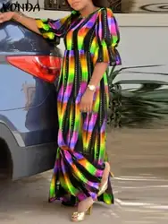 Plus Size 5XL VONDA Women Bohemian Dress 2024 Summer Half Puff Sleeve Casual Vintage Maxi Vestidos Oversized Printed Long Robe