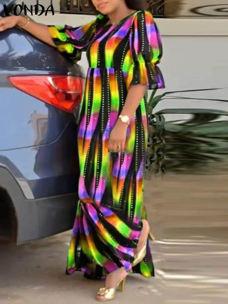 Plus Size 5XL VONDA Women Bohemian Dress 2024 Summer Half Puff Sleeve Casual Vintage Maxi Vestidos Oversized Printed Long Robe