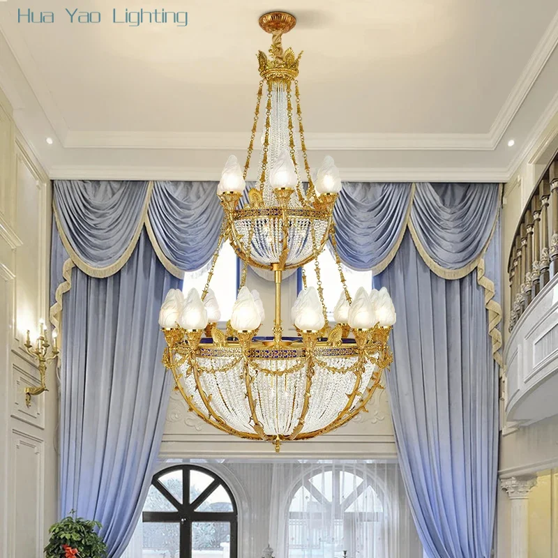 French Style Copper High Ceiling Pendant Light European Traditional Villa Duplex Loft Hall Lamp Brass Crystal Large Chandelier