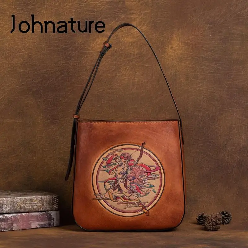 Johnature Vintage Constellation Totem Goffratura Borsa da donna in vera pelle Vera pelle bovina Borse a tracolla femminili versatili per il tempo