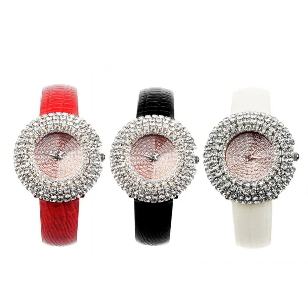 Exquisite Rhinestone Crystal Dial Quartz Wristwatches 4 Fashion Colors Women\'s Watches Leather Band Strap Beauty Lady Best Gifts