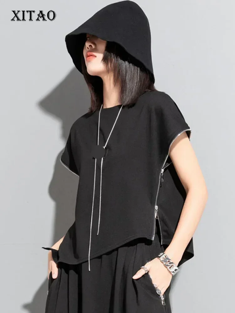 

XITAO Solid Asymmetrical T-Shirt Women Korea 2025 Summer New Personality Fashion Loose V-neck Short Sleeve T-Shirt WLD11216