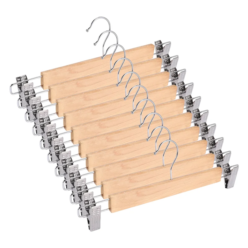 

A34R 10 Pack Wooden Skirt Hangers With Adjustable Clips Non-Slip Trouser Hanger Natural Finish Lotus Wood Pants Hangers 360°