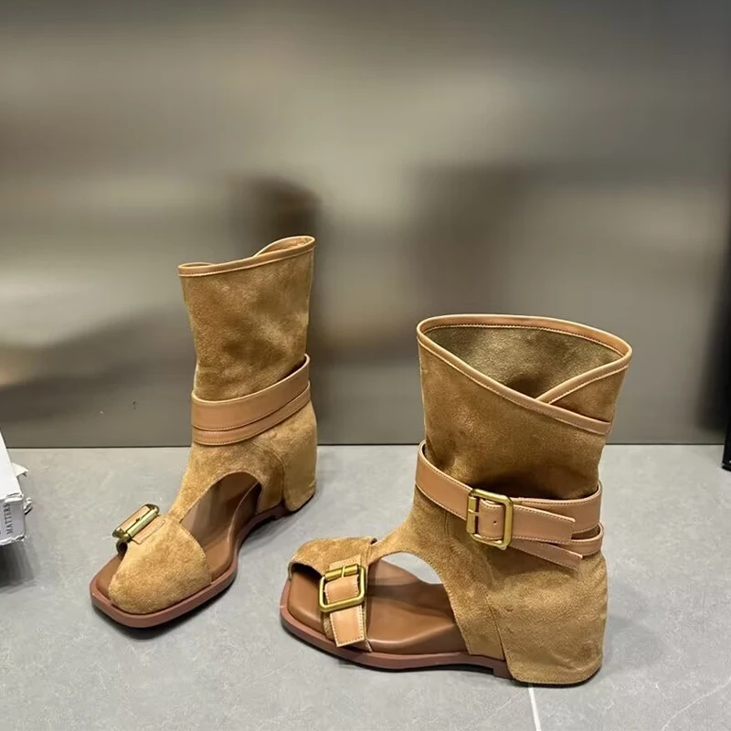 Designer Women's Sandals Boots Heeled Buckle Mid Calf Suede Shoes Walking New Cool Boots Goth Trend Open Toe Mujer Zapatillas