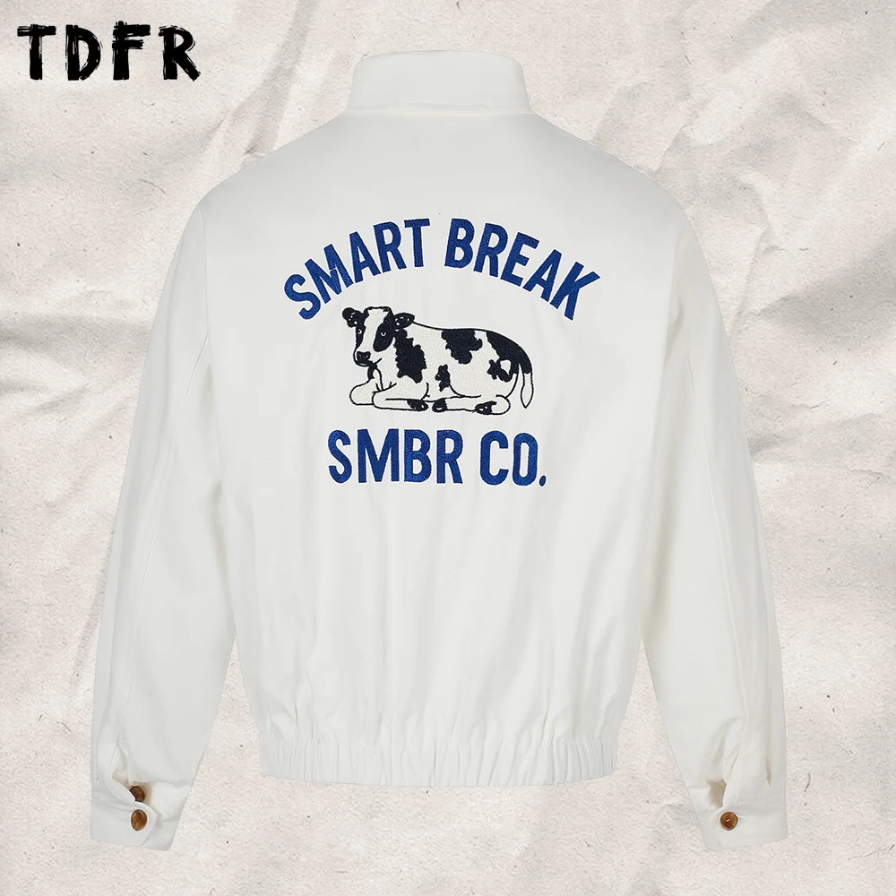 Dairy Cow Embroidery Cargo Jacket Mens Autumn Loose Lapel Long Sleeve Outerwear Man