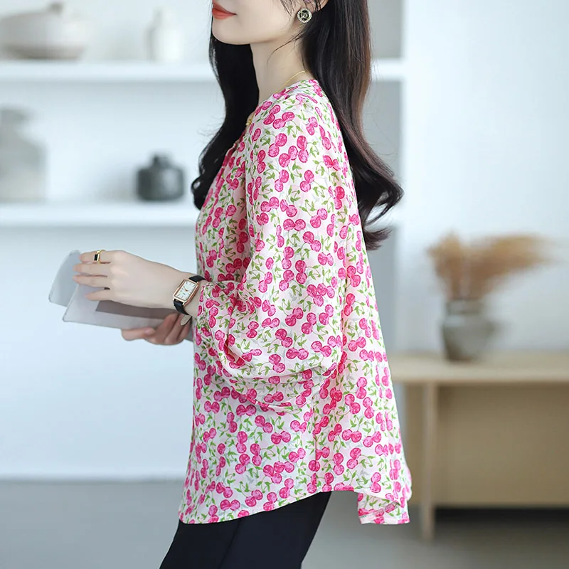 Women Clothing Loose Oversized Medium Long Style Chiffon Shirt Autumn Fashion Elegant O-neck Long Sleeve Blouses Chic Print Tops