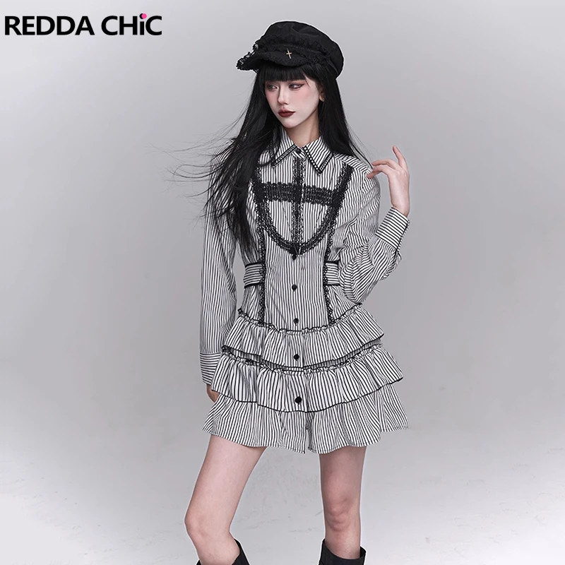 REDDACHiC Striped Shirt Dress for Women Tie Up Lace Cross Button Front Long Sleeve Ruffle Tiered Cake Dress Alt Gothic Clothes
