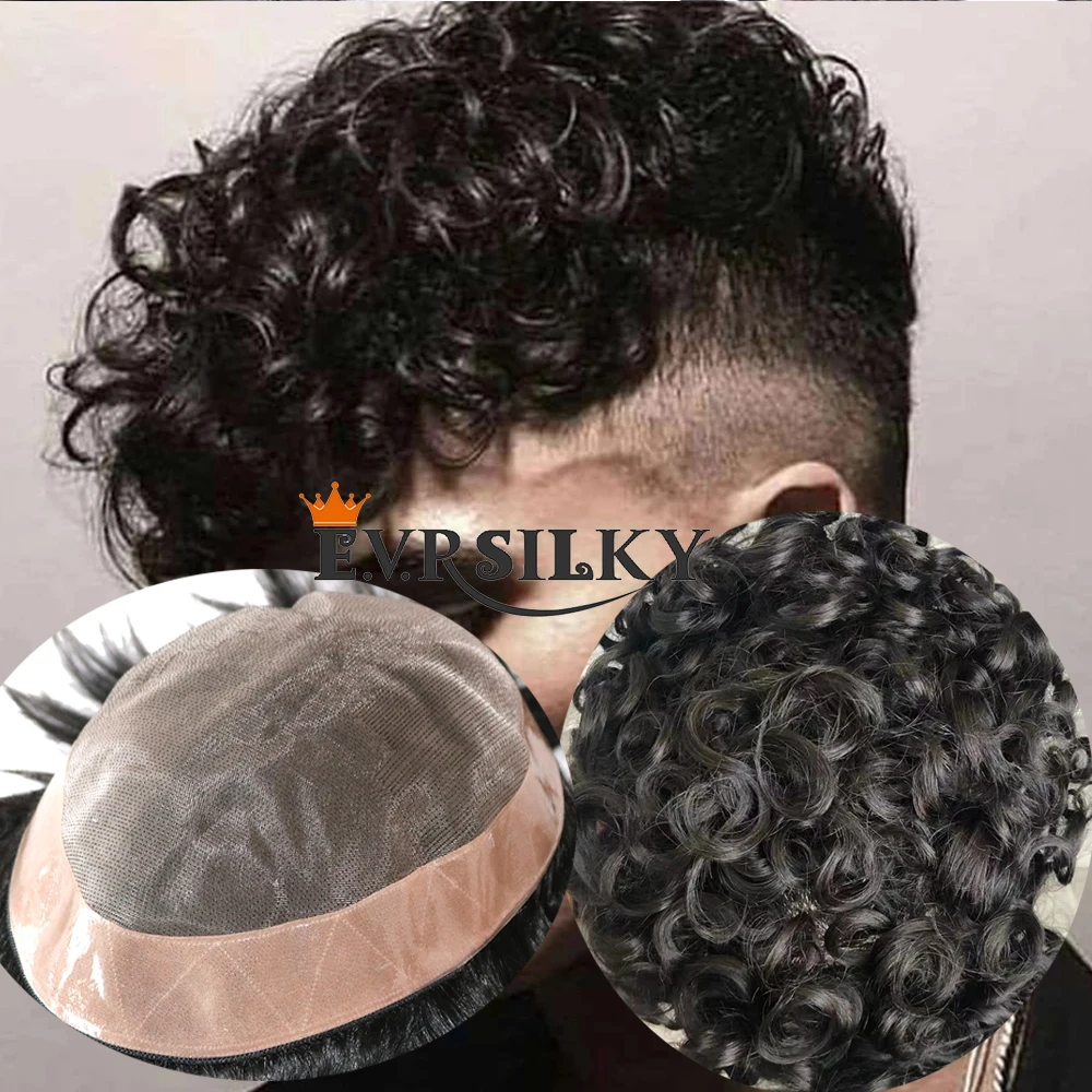 20MM Curly Black Mens Wigs Human Hair Super Durable Mono Toupee Man Capillary Prosthesis Weave Unit Replacement System For Male