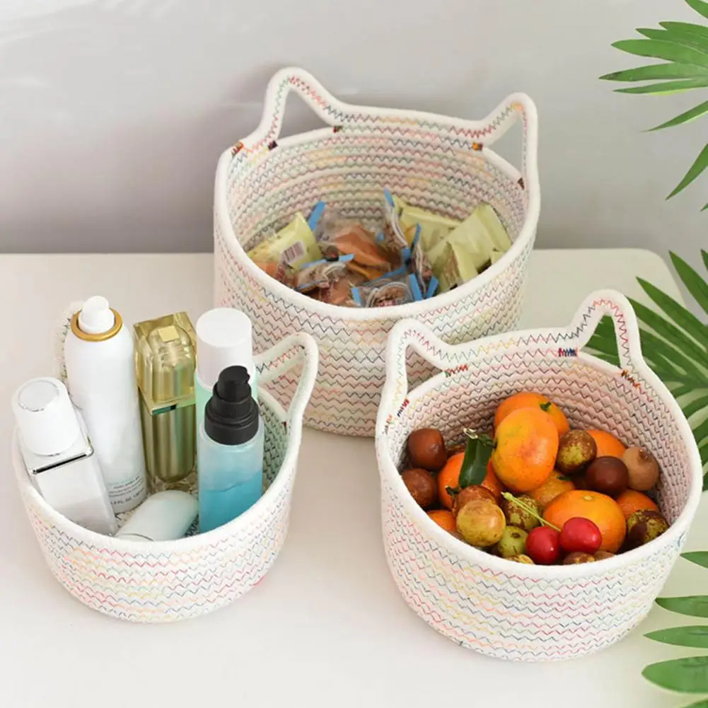 Small Woven Cotton Rope Storage Basket Cat Ear Decor Cute Storage Bin Dog Cat Pet Toy Box Cosmetic Snacks Braided Storage Basket