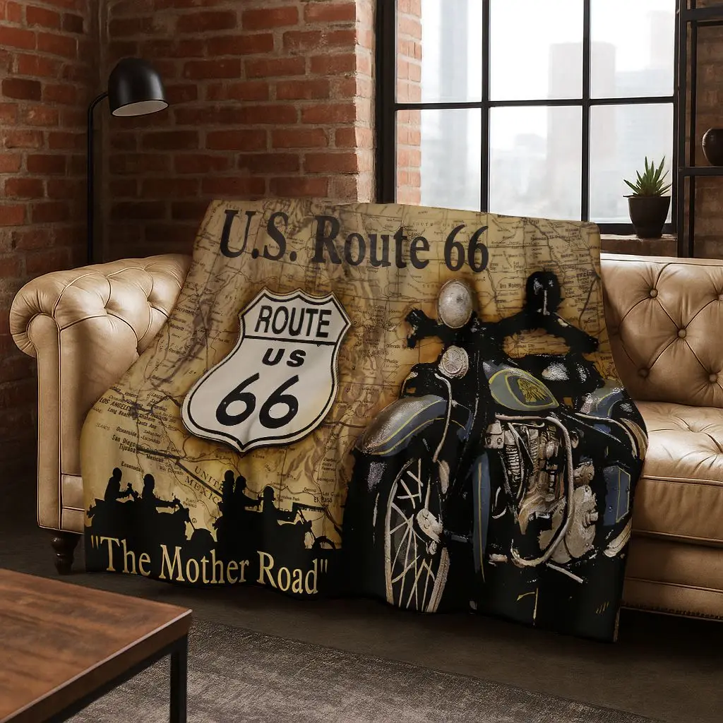 

Retro Route 66 Road Trip America Historic Mother Road Art Flannel Blanket,Cozy Soft Throw Blanket for Home Bedroom Bed Sofa Gift