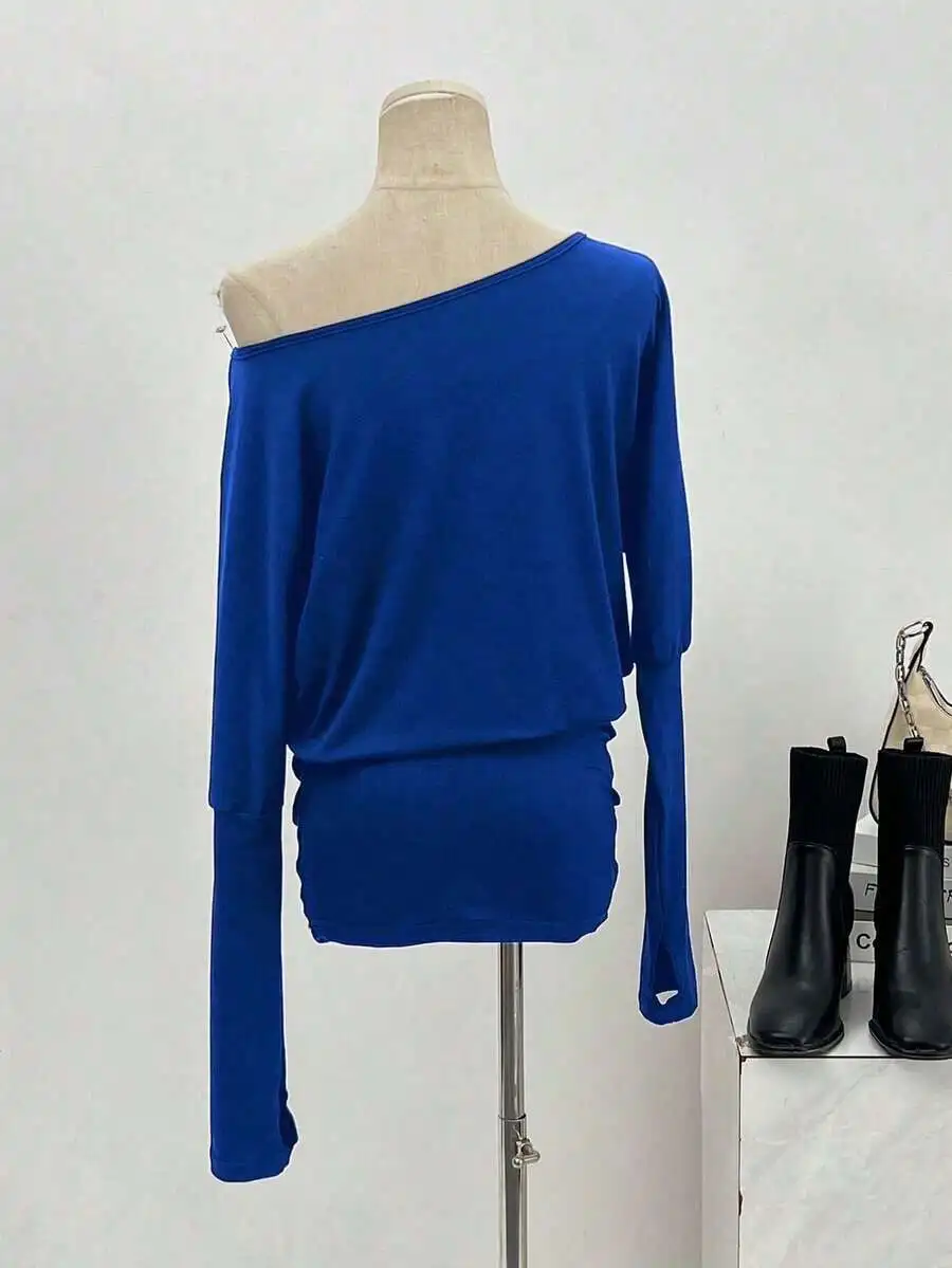 

Women Off Shoulder Long Sleeve Bodycon Mini Dress Solid Ruched Waist Casual Summer Spring