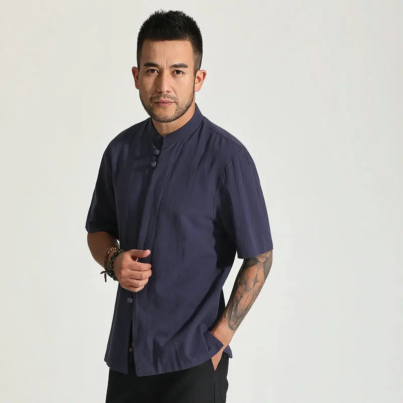 Chinese Vintage Style Men Linen Shirts White Black Blue Short Sleeve Tops Mandarin Collar Shirt Male Leisure Cosy Clothes 2024