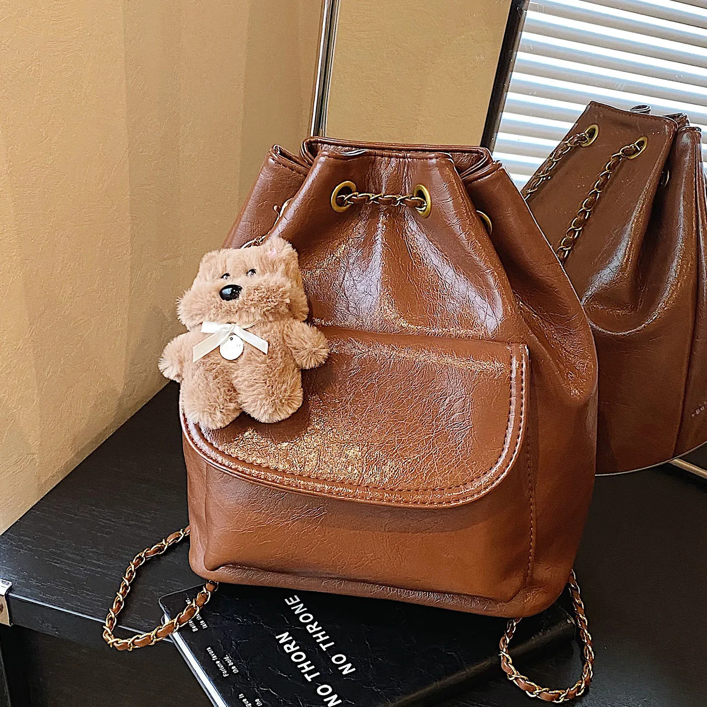 

Simple Solid String Backpack for Women Pu Leather Cute Texture Shoulder Bags Large Capacity Female Versatile Commuting Pack