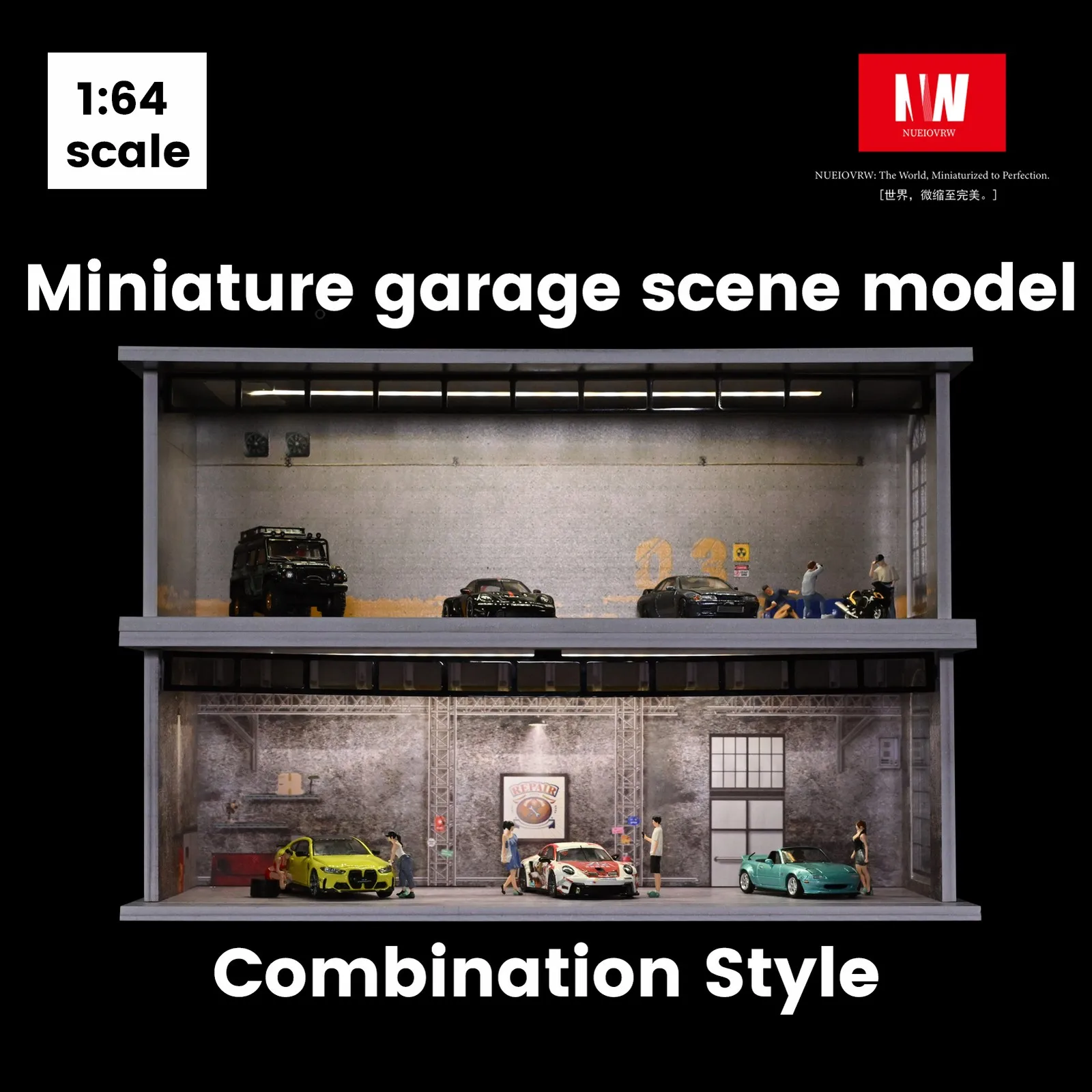 Diorama 1:64 نموذج جراج السيارة 3 أوضاع الإضاءة خمر مستودع صناعي المشهد نموذج عرض القضية #6