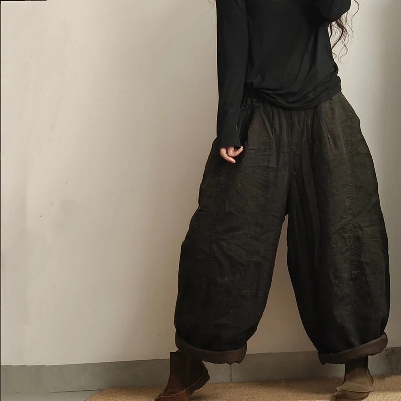

Autumn Winter 2025 New Arrival Arts Style Women Cotton Warm Thickened Calf-length Pants Loose Elastic Waist Harem Pants Y169