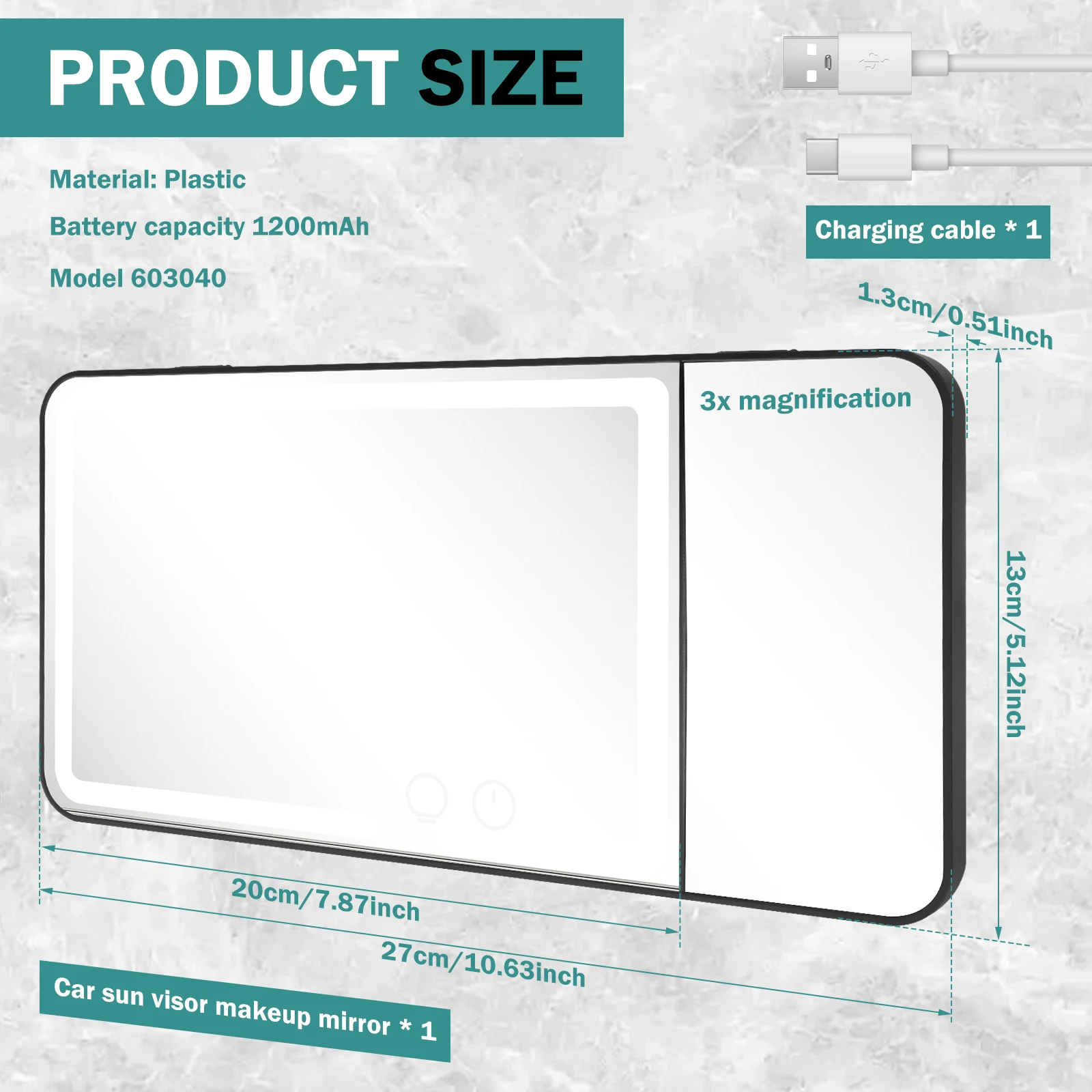Lusterko kosmetyczne do samochodu z oświetleniem LED i powiększeniem 3X, montowane na osłonie przeciwsłonecznej, ładowane, 3 kolory.