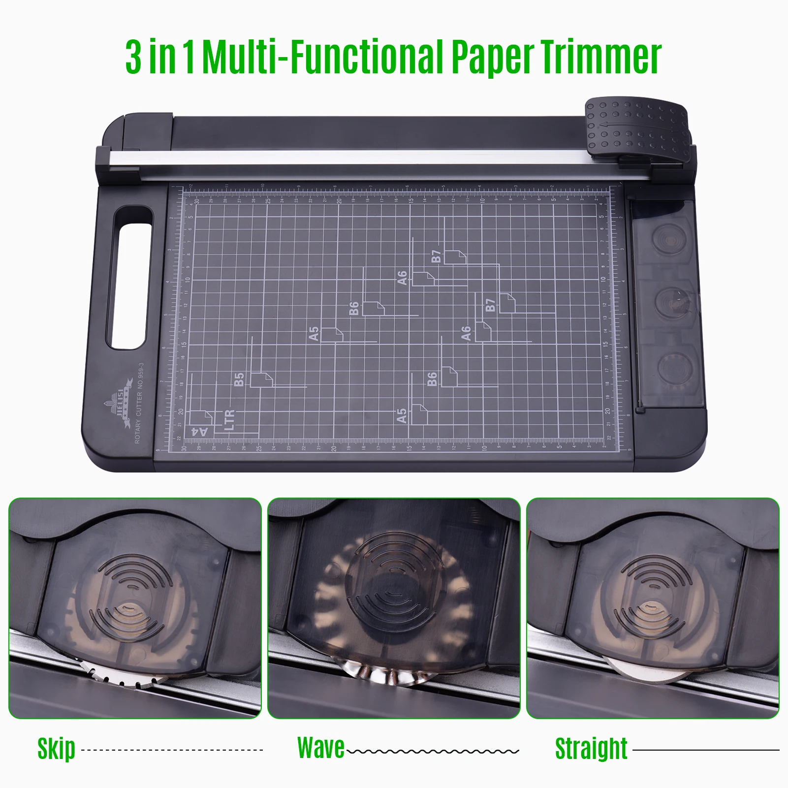 3-in-1 Paper Trimmer Multi-Functional A4 Paper Cutter Straight Skip Wave Cutter with for Craft Paper Card Photo Laminated Paper