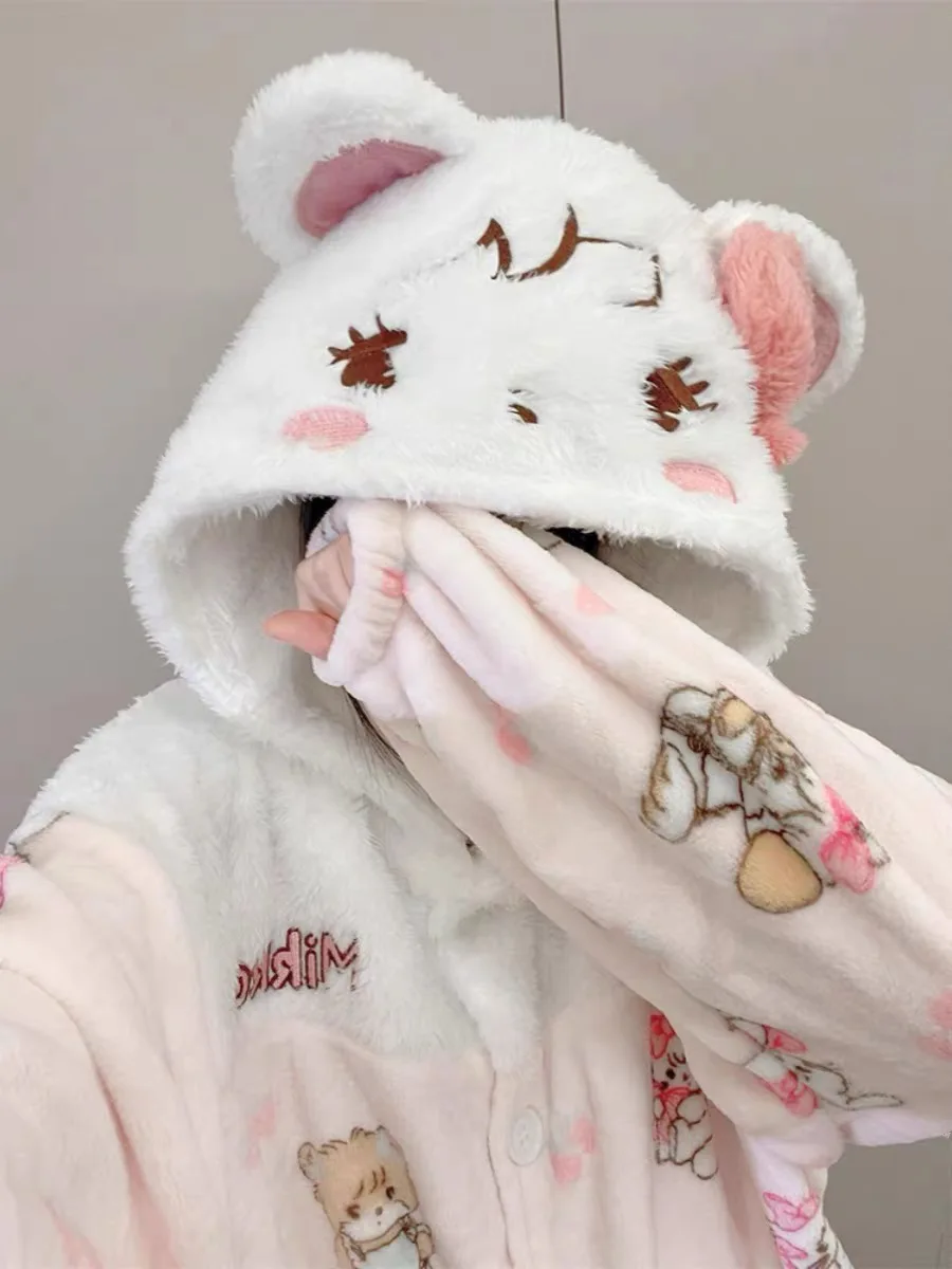 Mikko Cartoon-Flanell-Nachthemd mit Kapuze für Damen, Winter-Thermo-Nachtwäsche-Set, niedliche Homewear, Loungewear, gemütliches Pyjama-Outfit