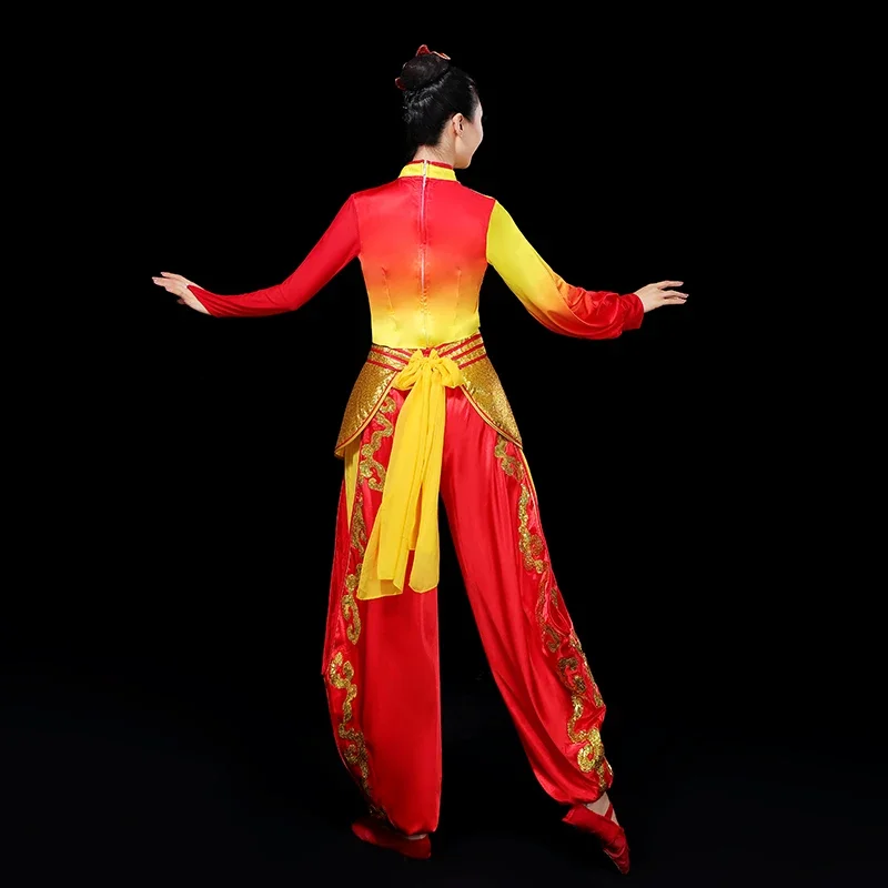 Hanfu Klassieke Taille Drum Dans Square Dance Kostuum Rood Nationale Elegante Yangko Stage Performance Fan Dance Oosters Pak