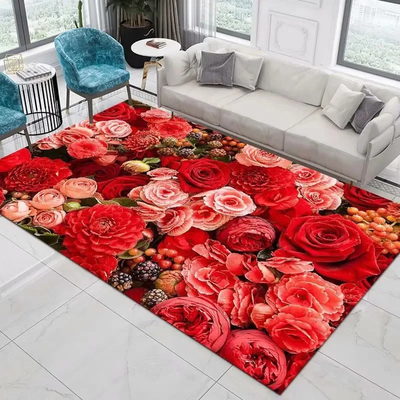 Red Rose Rugs for Living Room Romantic Flower Carpet Soft Floor Mat Floral Rugs for Bedroom Valentine's Day Decorative Area Mats