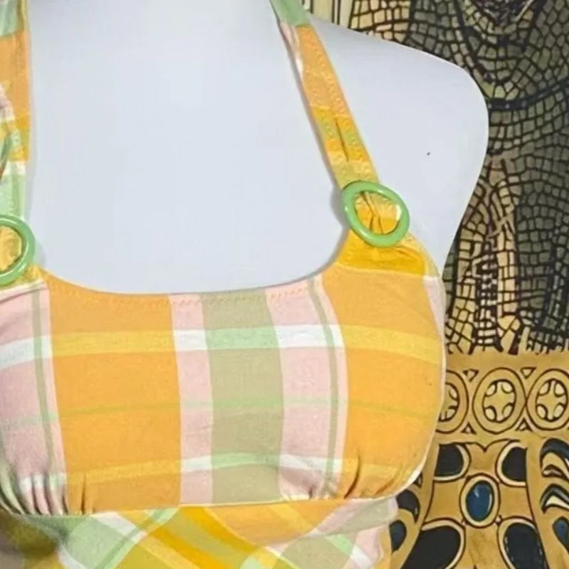 夏ドーパミンガールキャミソール日本のヴィンテージ甘いかわいいホルターベストレトロサブカルチャーチェックタンク女性のスリムフィットショートトップス