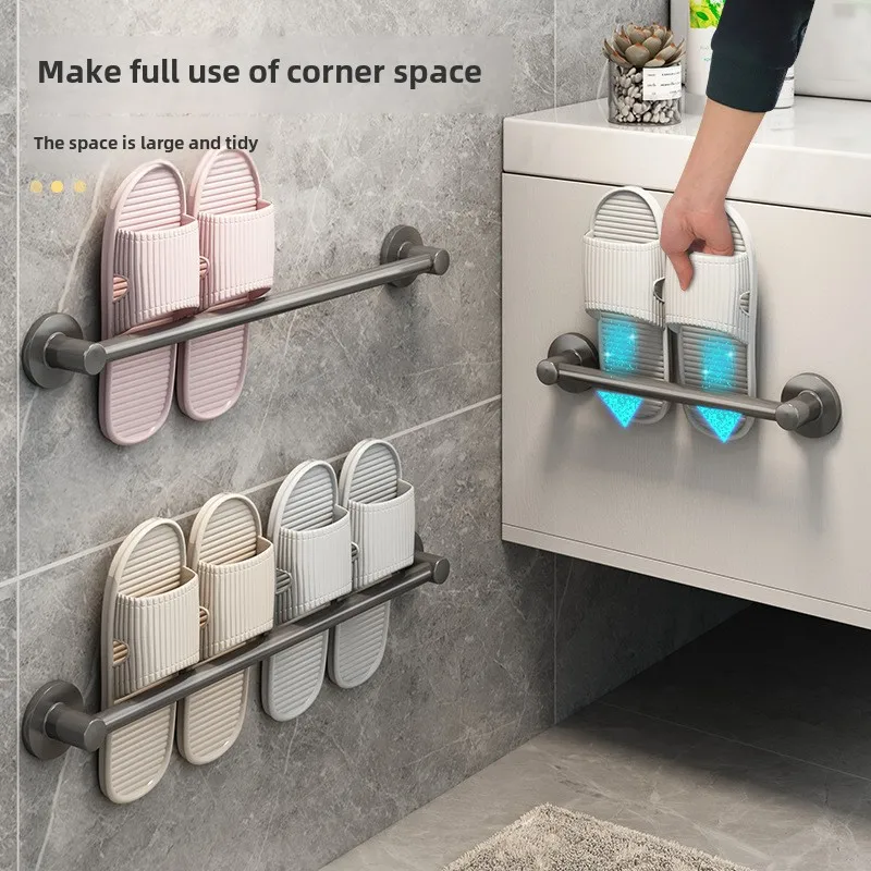 

Bathroom Slipper Rack Drain Rack Punch-Free Wall-Mounted Bathroom Shoes Towel Rack Shoe Rack Storage Gun Gray