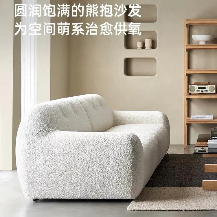 @#Retro Wide-set Deep Straight Row White Bear Design Sofa in 3D Teddy Fabric for Living Room, Villa, Apartment, Hotel