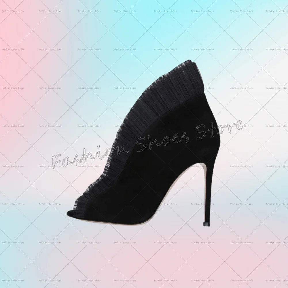 黒のピープトゥスリッポンパンプス、ファー装飾スティレットハイヒール、レディースファッションヒール、2025年新作、女性用靴