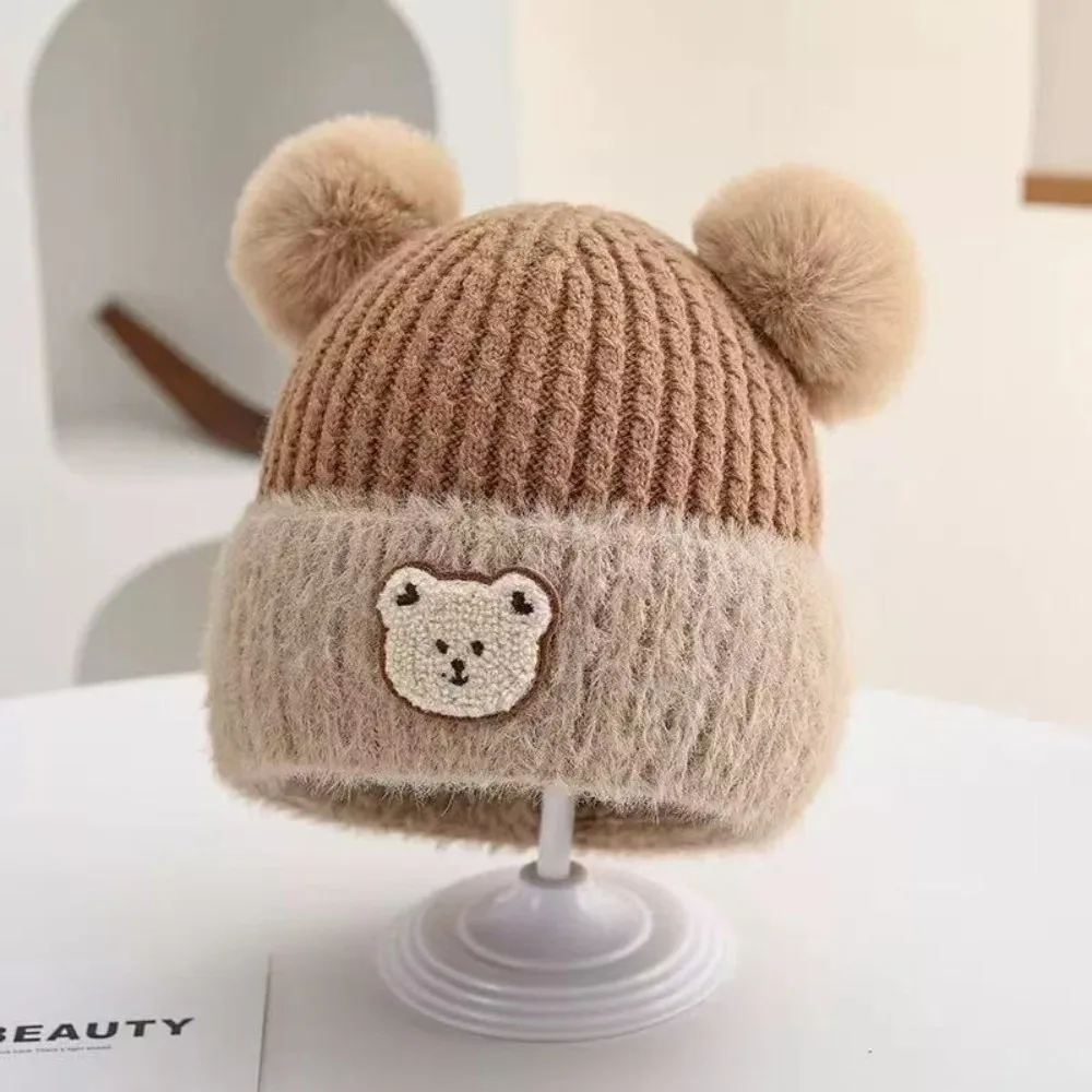 

New Warm Knitted Hat Windproof Coldproof Pullover Cap Cute Bear Pompom Ear Protection Hat Outdoor Sports