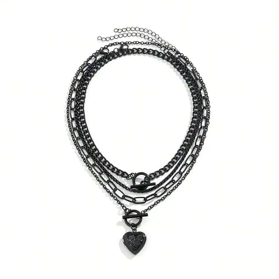 

4-Piece Layered Black Chain Necklace Set with Heart Pendant and Toggle Clasp