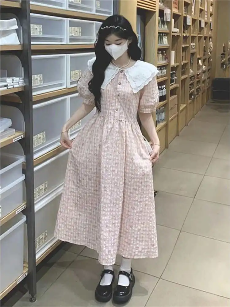 

plus Size Floral Print Doll Collar Dr Women's Loose Summer Gentle Sle Long Dr Sweet Sle Casual Bubble Sve Dr