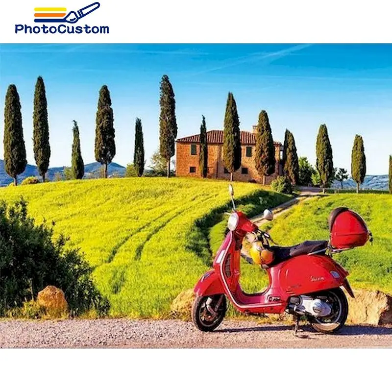 

PhotoCustom Painting By Number Motorcycle Drawing On Canvas Gift DIY Pictures By Numbers Scenery Kits Paintings Home Decor