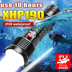 プロのダイビング懐中電灯,充電式トーチ,水中ランタン,防水ipx8,800m, 5000mah,xhp190,新品