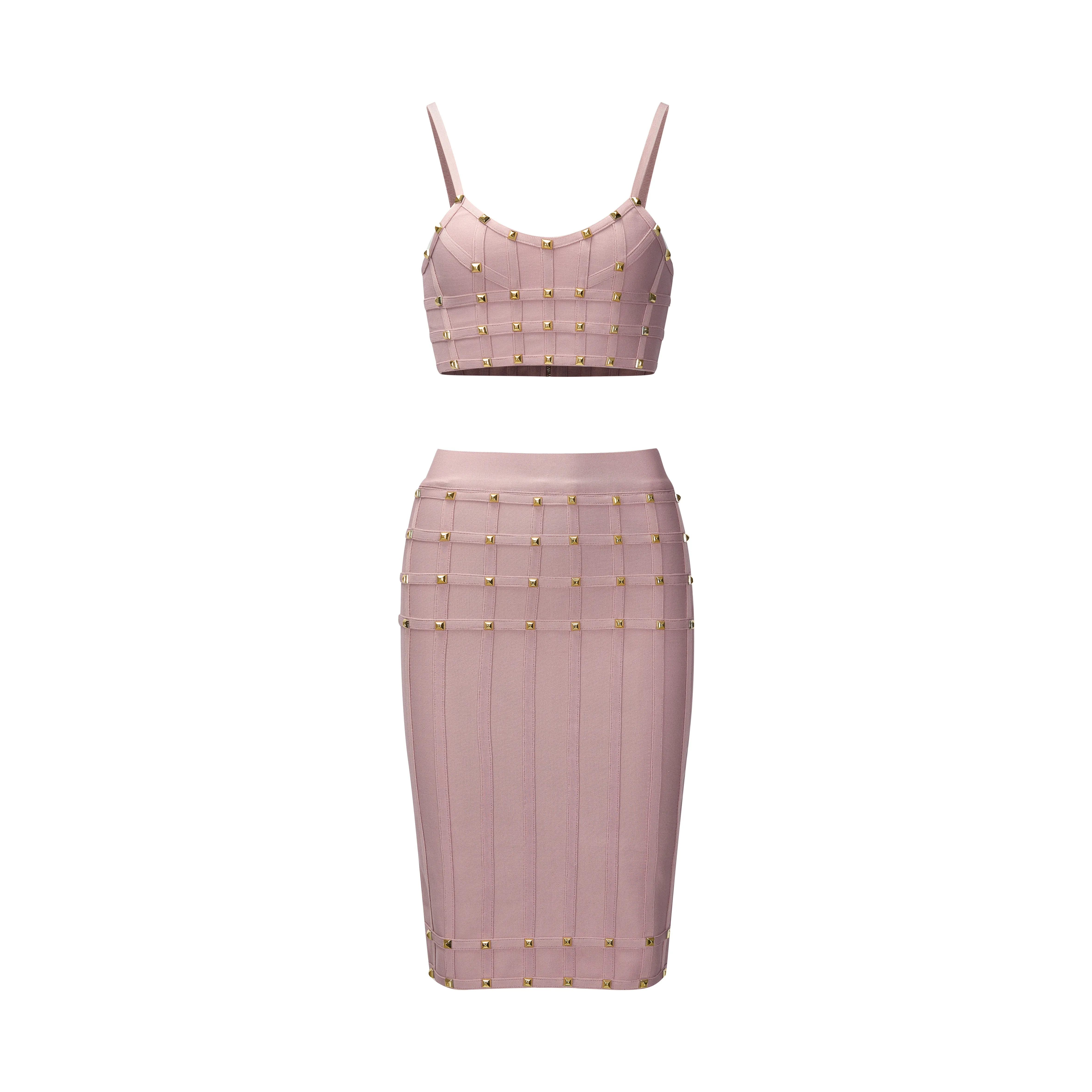 ผู้หญิง Studded BANDAGE ชุด Camisoles และเอวสูงเข่าความยาวกระโปรง Elastic High Street 2 ชิ้นชุดชุดราตรีชุดคลับ