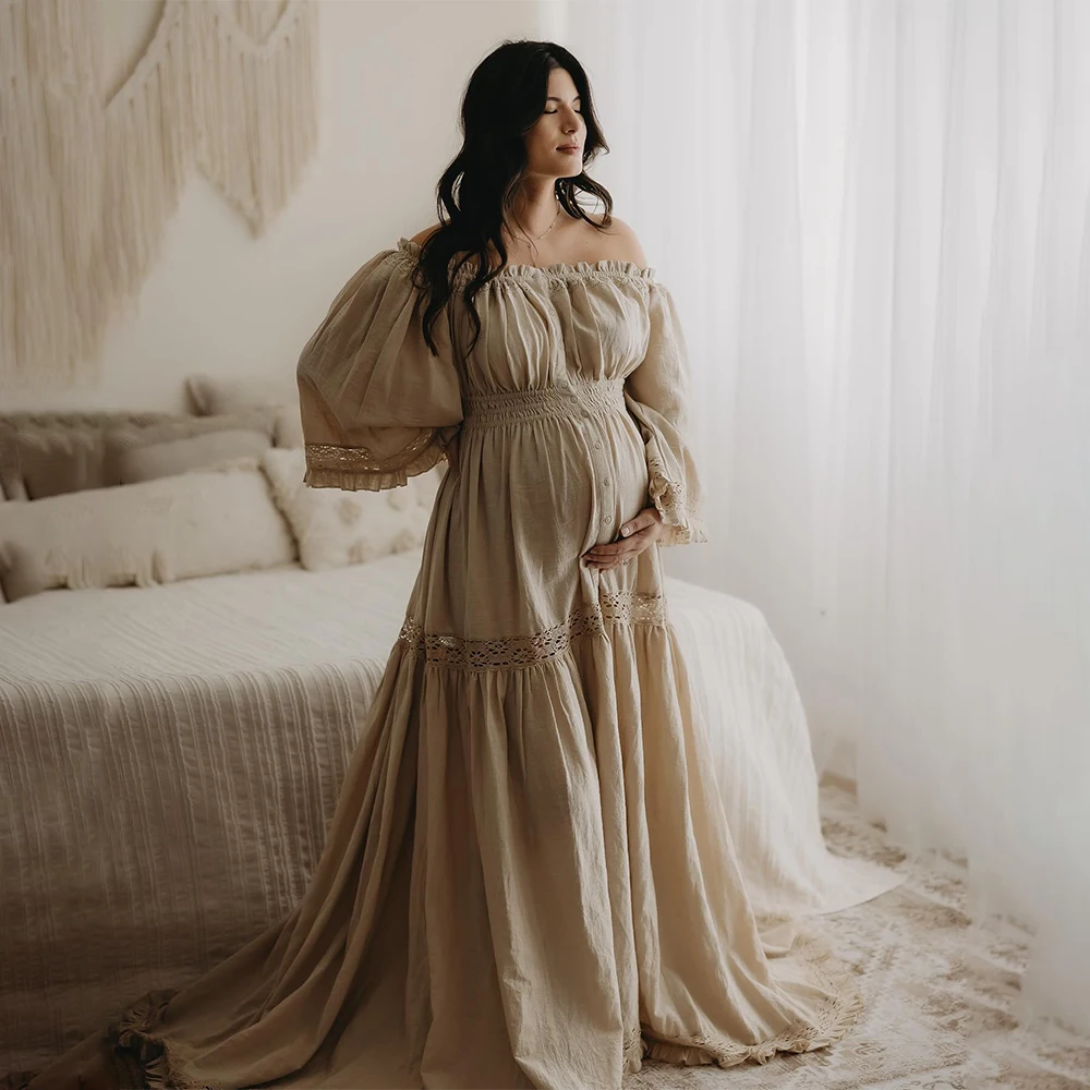 

Boho Vintage Maternity Dresses Photography,Off-Shoulder Flare Sleeve Pregnancy Shooting Maxi Dress Cotton Gowns For Baby Shower