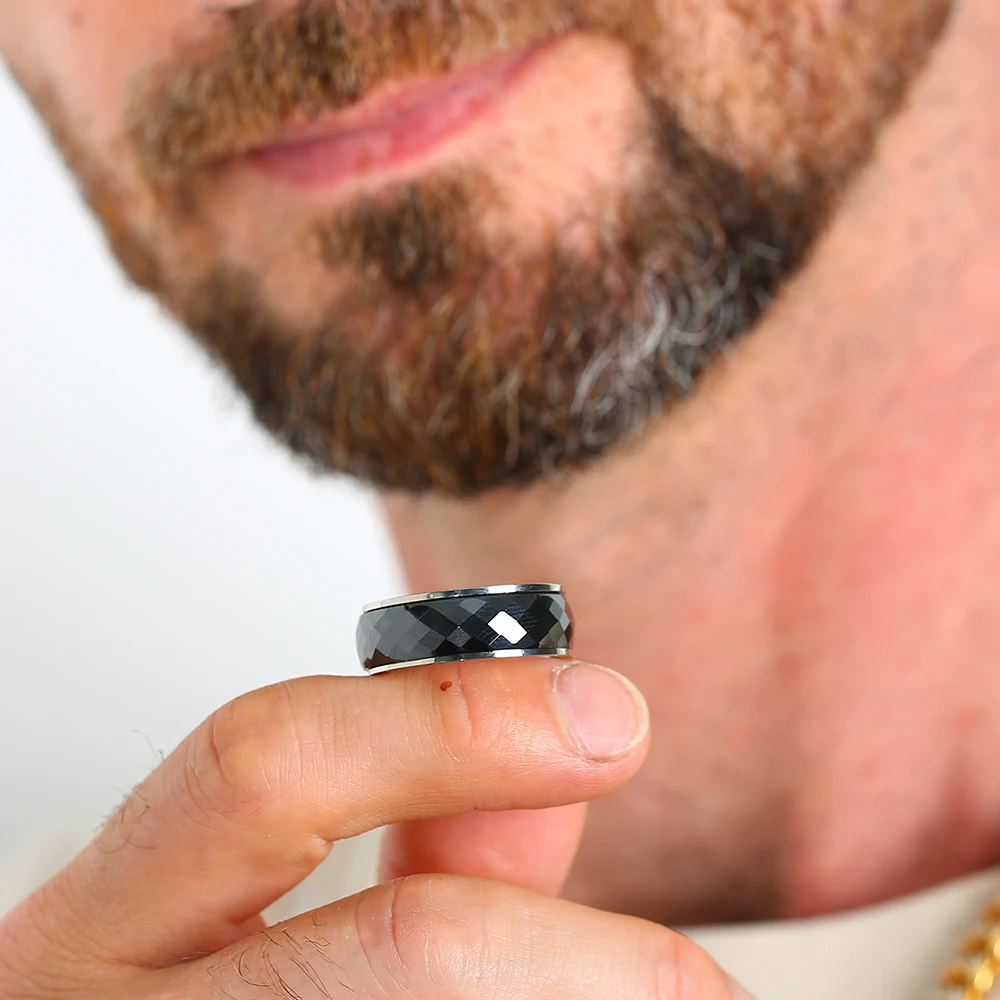 8mm Titanium Fidget Wedding Rings Hammered/Faceted Black Ceramic Spinner For Men Couple Nickel Free Anxiety Relieving Engagement