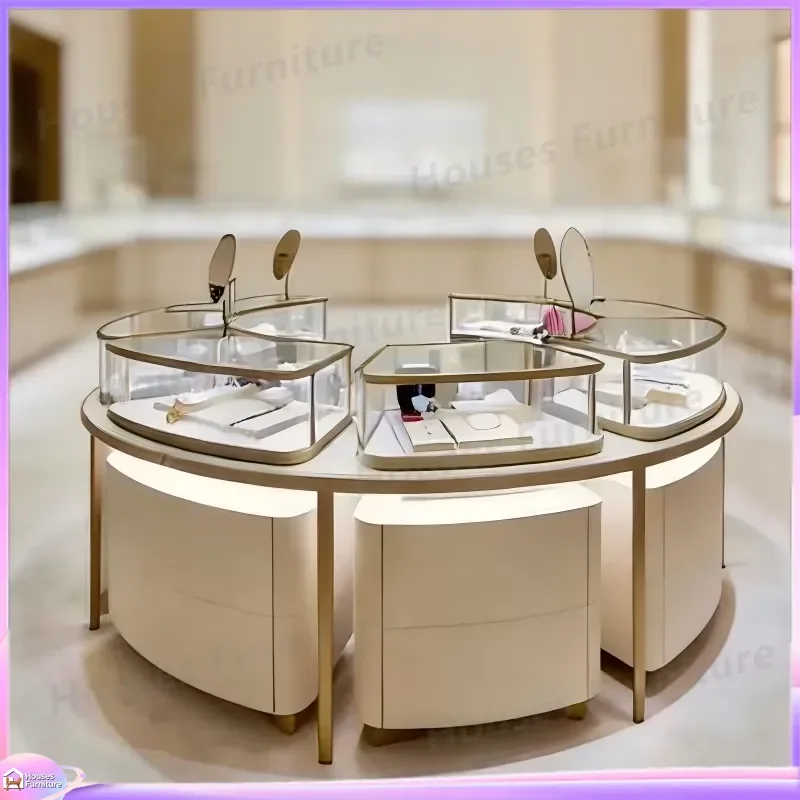 Luxury Round Jewelry Display Island Cabinet Modular Cream White Boutique Showcase 360 Degree Visual LED Gold Storage
