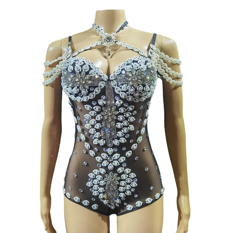 

Sparkly Crystal Rhinestones Bodysuit Nightclub Sexy Transparent Leotard Stage Wear Singer Dancer Stage Performance Dance Costume